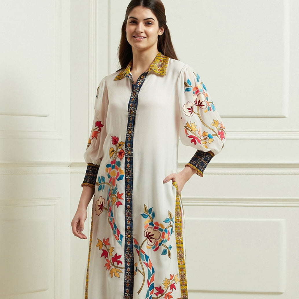White Flat Chiffon Embroidered & Printed Cord-Set