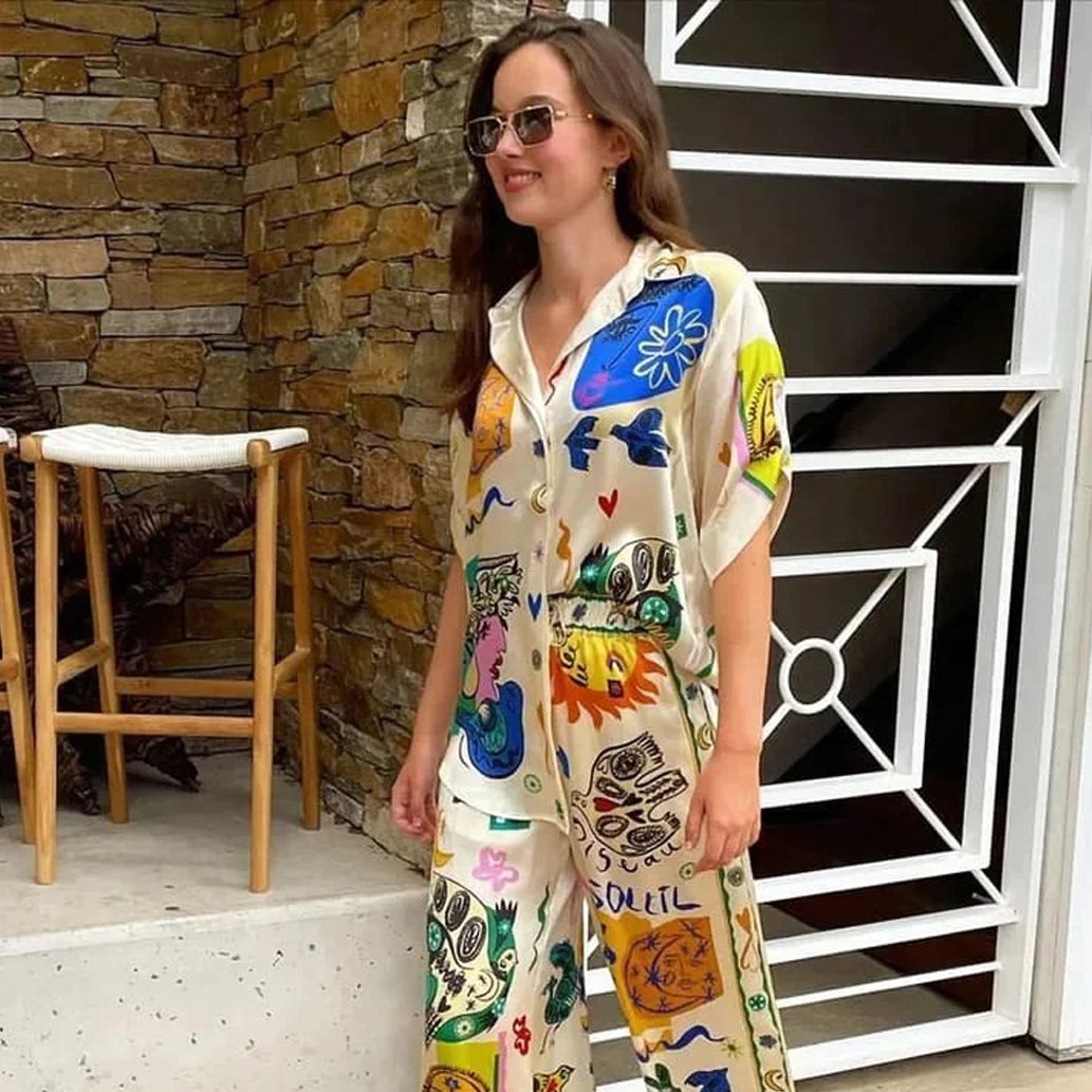 Women Printed Satin/ Linen Shirt & Pants Co-Ord Set