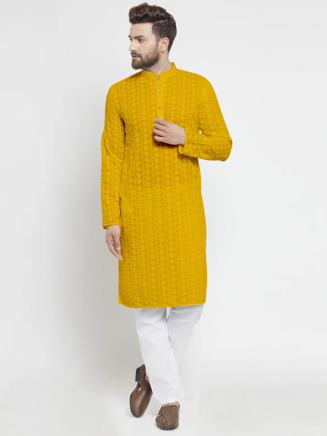 Lucknowi Jaal Embroidered Mustard Yellow Cotton Chikankari Kurta with Aligarh Pajama For Men