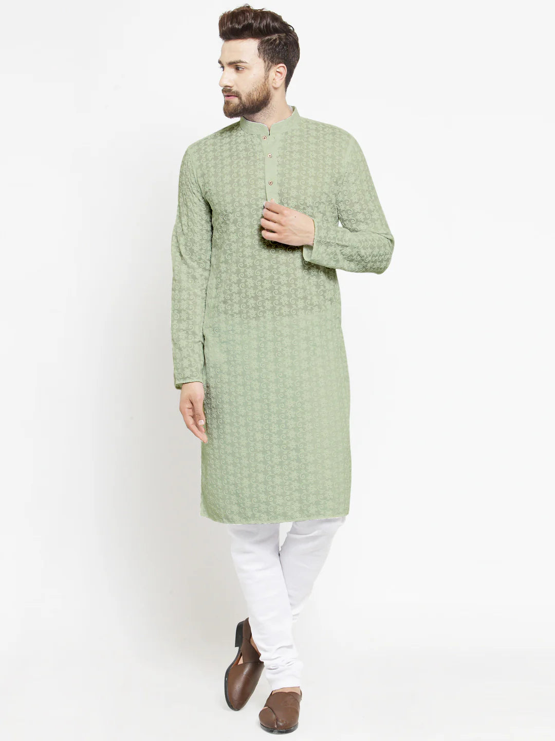 Lucknowi Jaal Embroidered Pista Green Cotton Chikankari Kurta with Churidar Pajama For Men