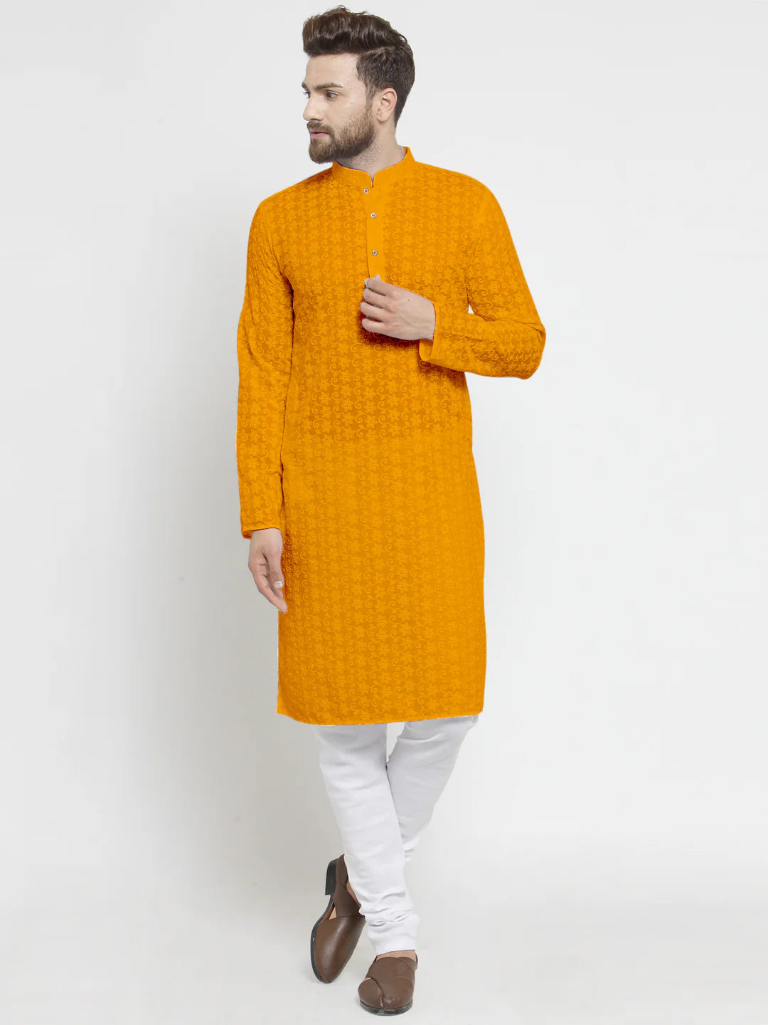 Lucknowi Jaal Embroidered Mustard Yellow Cotton Chikankari Kurta with Churidar Pajama For Men