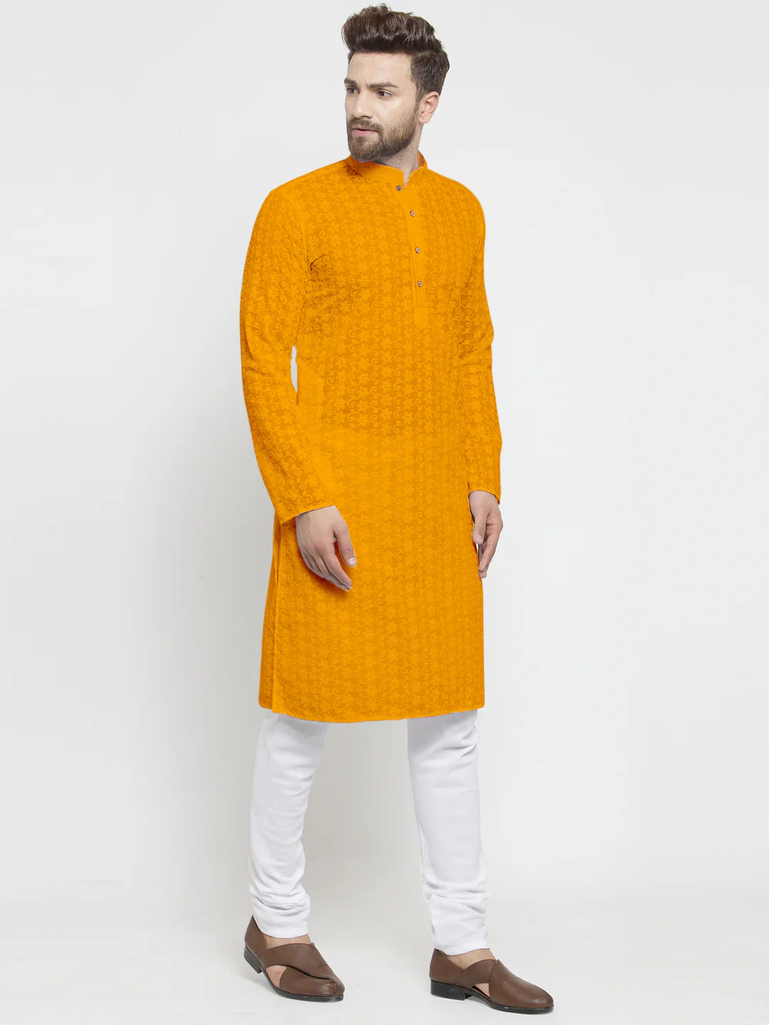 Lucknowi Jaal Embroidered Mustard Yellow Cotton Chikankari Kurta with Churidar Pajama For Men
