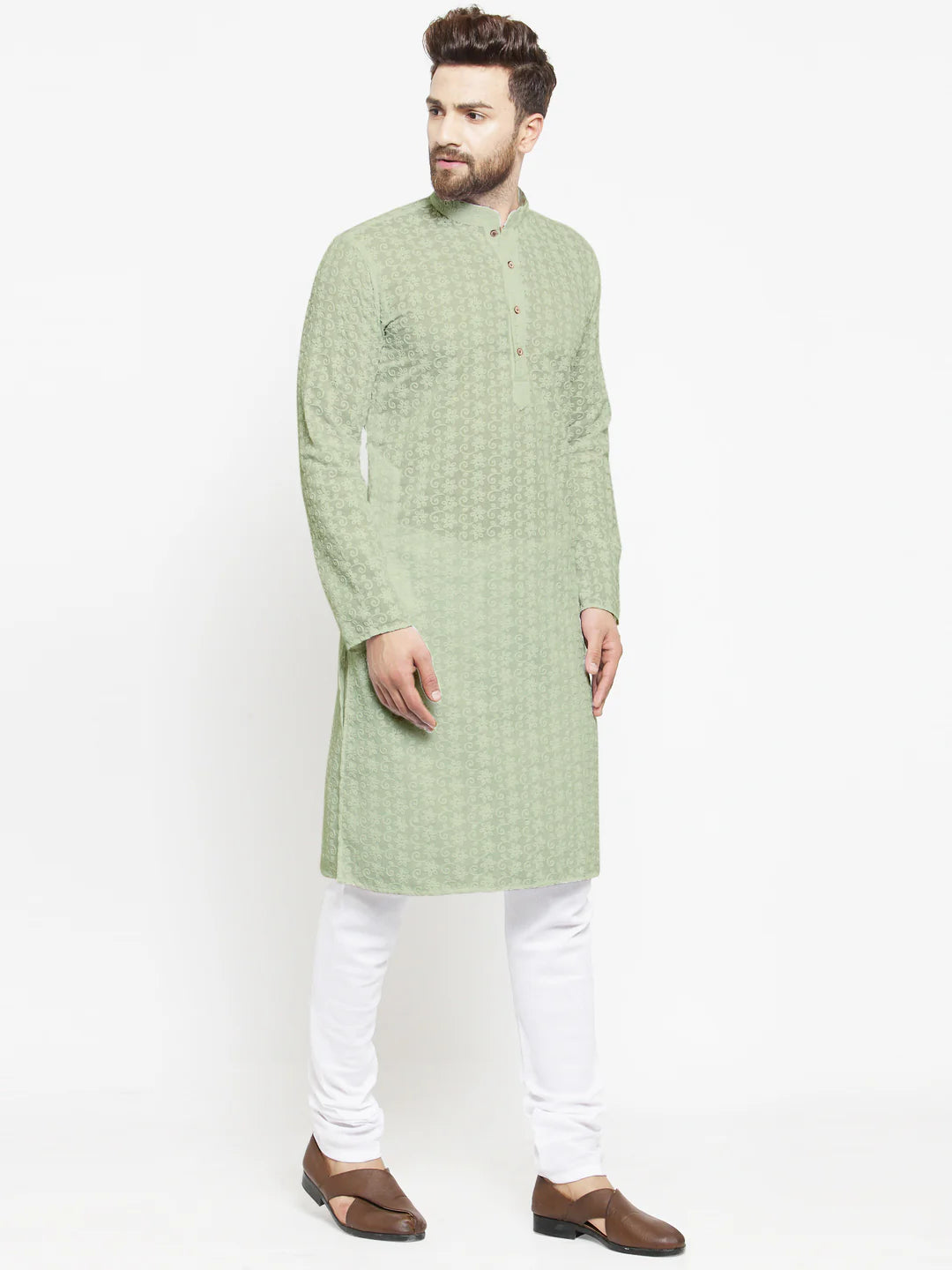 Lucknowi Jaal Embroidered Pista Green Cotton Chikankari Kurta with Churidar Pajama For Men