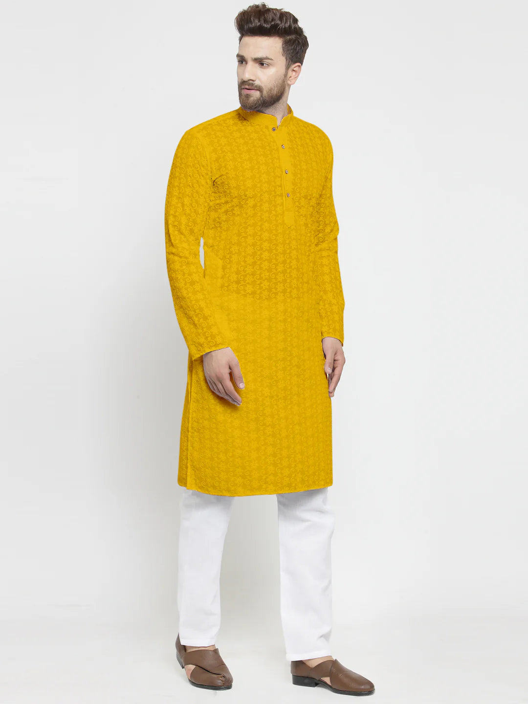 Lucknowi Jaal Embroidered Mustard Yellow Cotton Chikankari Kurta with Aligarh Pajama For Men