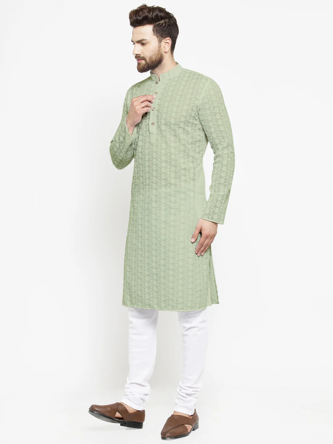 Lucknowi Jaal Embroidered Pista Green Cotton Chikankari Kurta with Churidar Pajama For Men