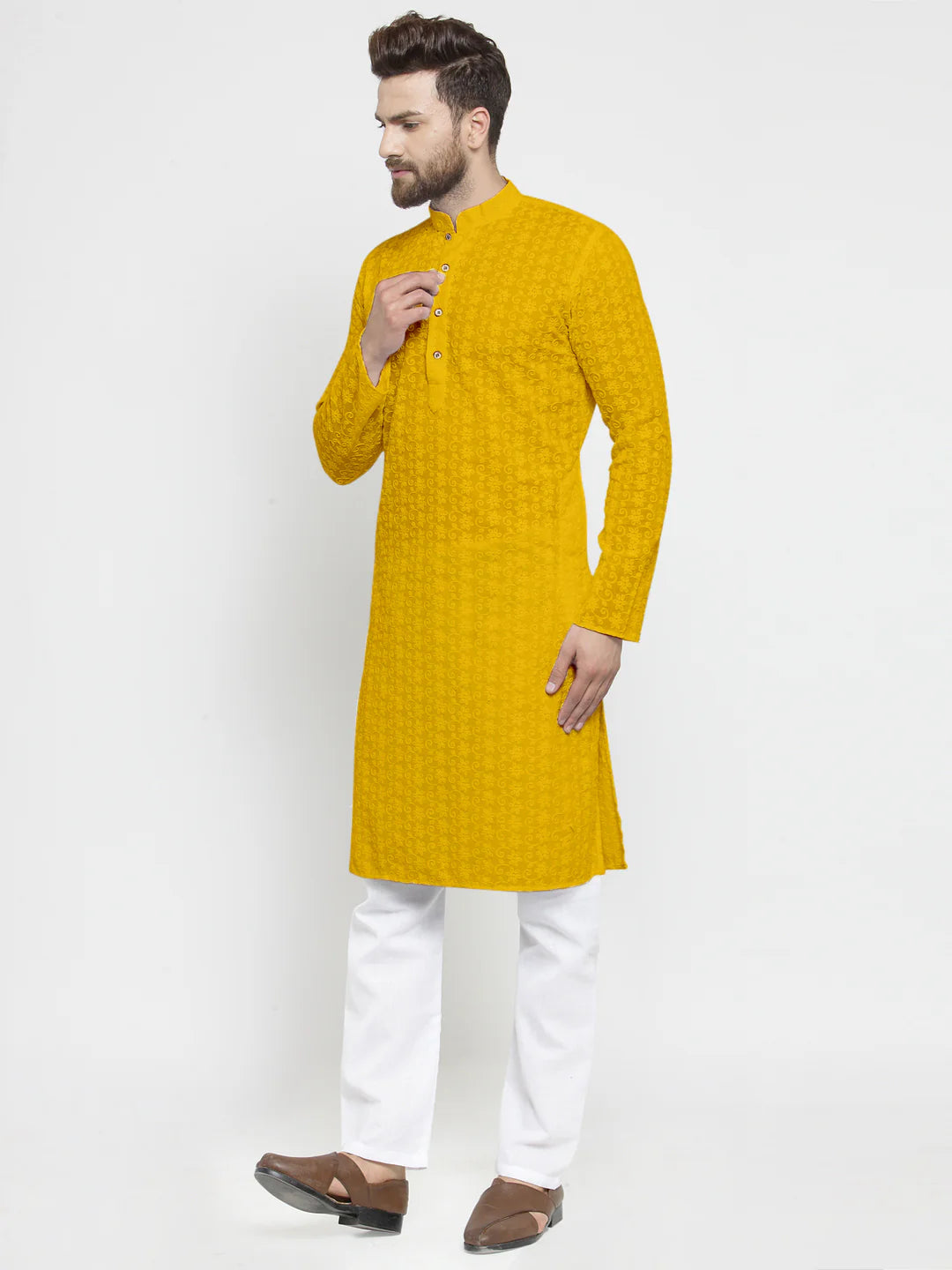 Lucknowi Jaal Embroidered Mustard Yellow Cotton Chikankari Kurta with Aligarh Pajama For Men