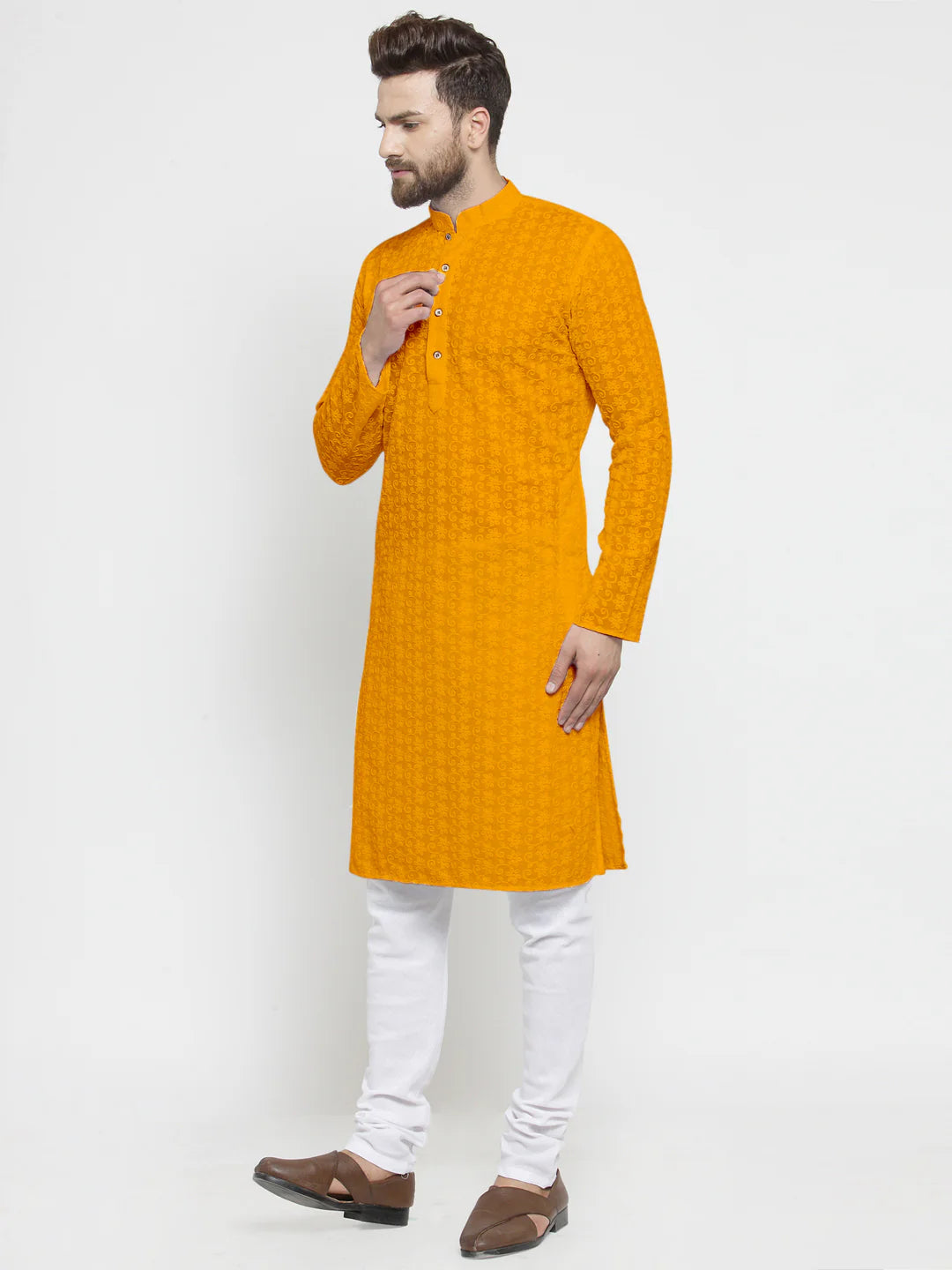 Lucknowi Jaal Embroidered Mustard Yellow Cotton Chikankari Kurta with Churidar Pajama For Men