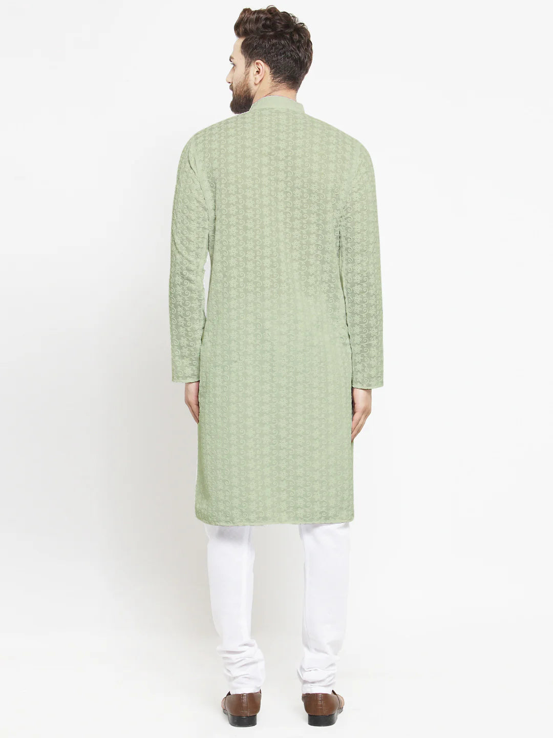 Lucknowi Jaal Embroidered Pista Green Cotton Chikankari Kurta with Churidar Pajama For Men
