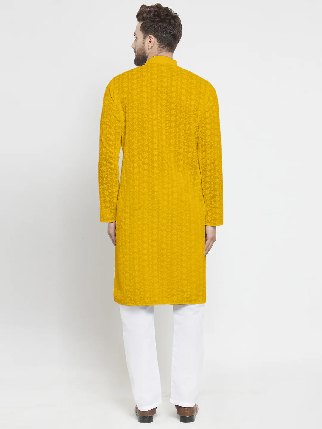 Lucknowi Jaal Embroidered Mustard Yellow Cotton Chikankari Kurta with Aligarh Pajama For Men
