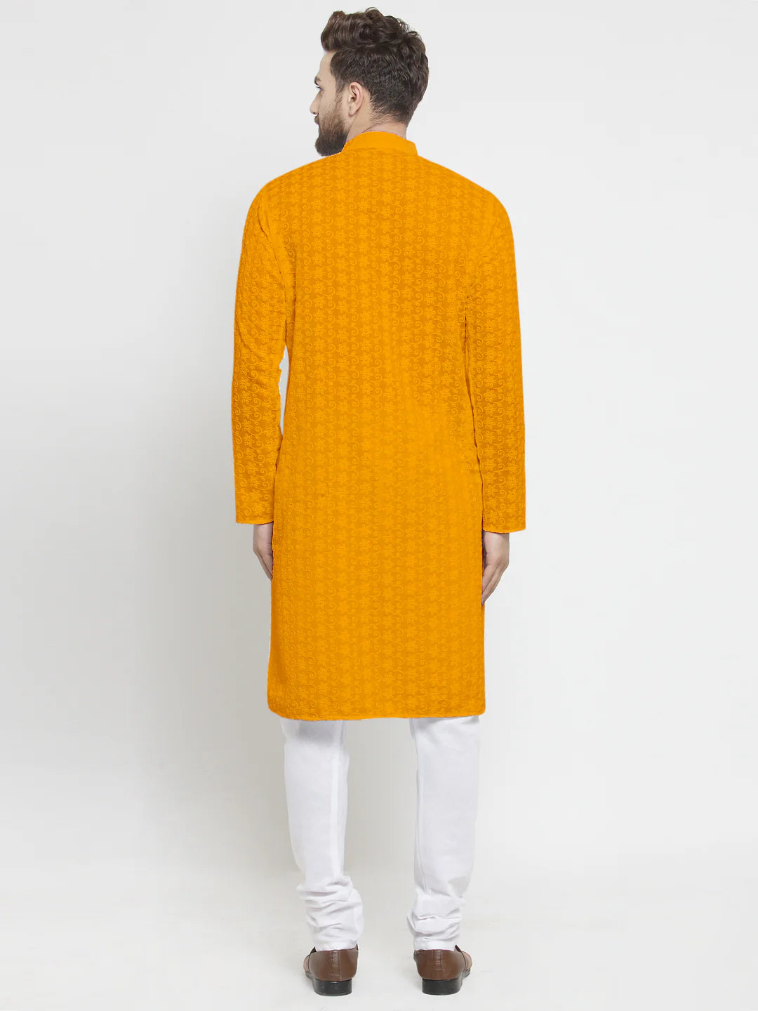 Lucknowi Jaal Embroidered Mustard Yellow Cotton Chikankari Kurta with Churidar Pajama For Men
