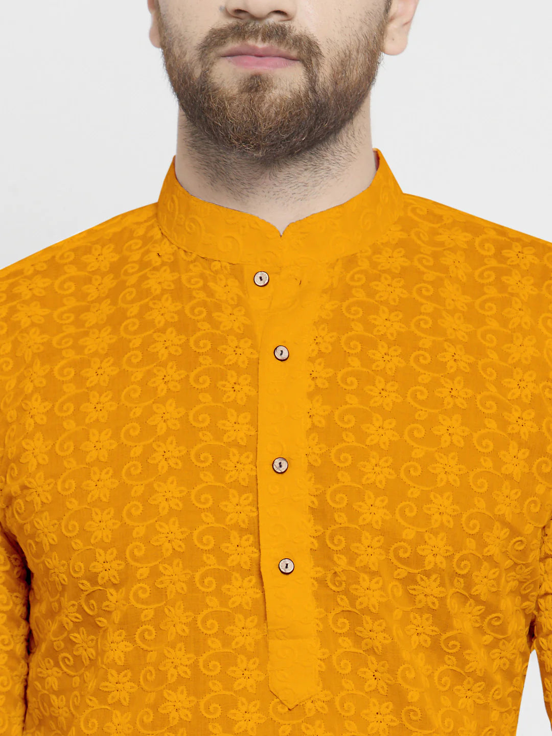 Lucknowi Jaal Embroidered Mustard Yellow Cotton Chikankari Kurta with Churidar Pajama For Men