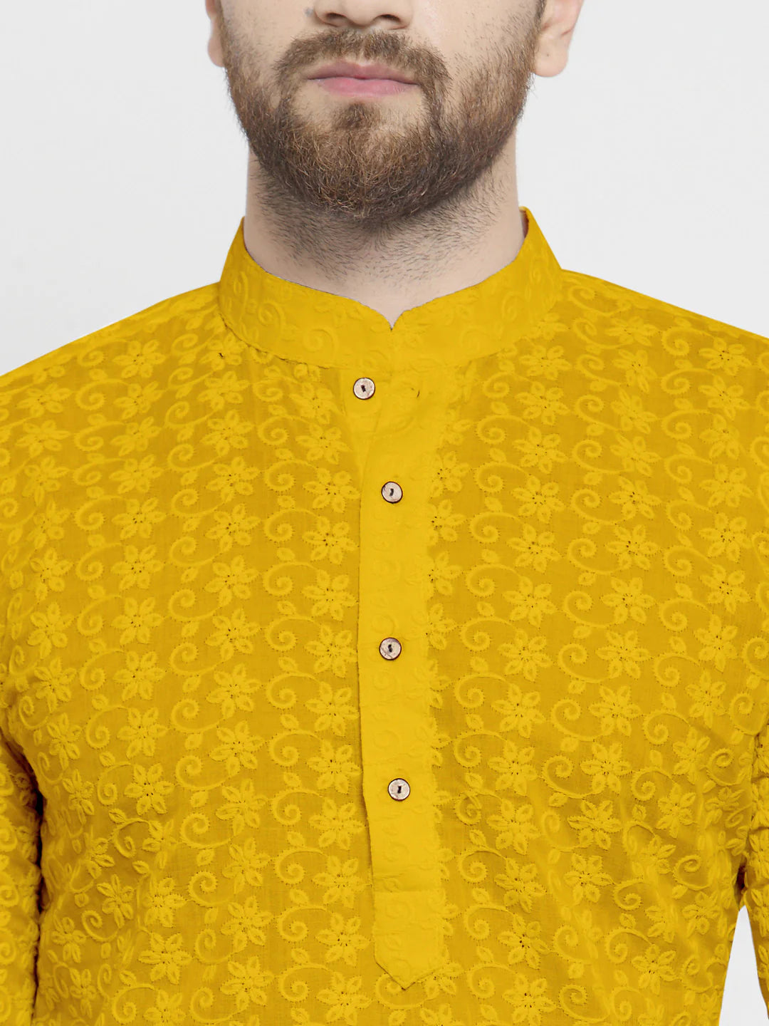 Lucknowi Jaal Embroidered Mustard Yellow Cotton Chikankari Kurta with Aligarh Pajama For Men