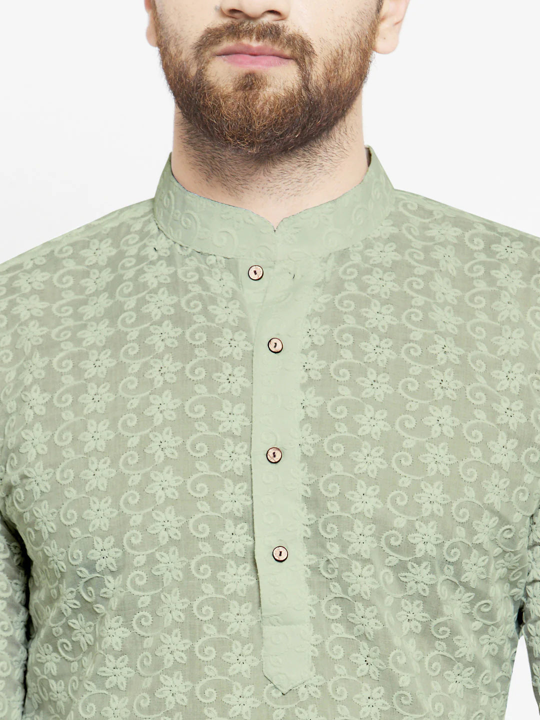 Lucknowi Jaal Embroidered Pista Green Cotton Chikankari Kurta with Churidar Pajama For Men