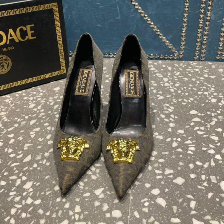 Metallic Buckle Leather Heels Sandals