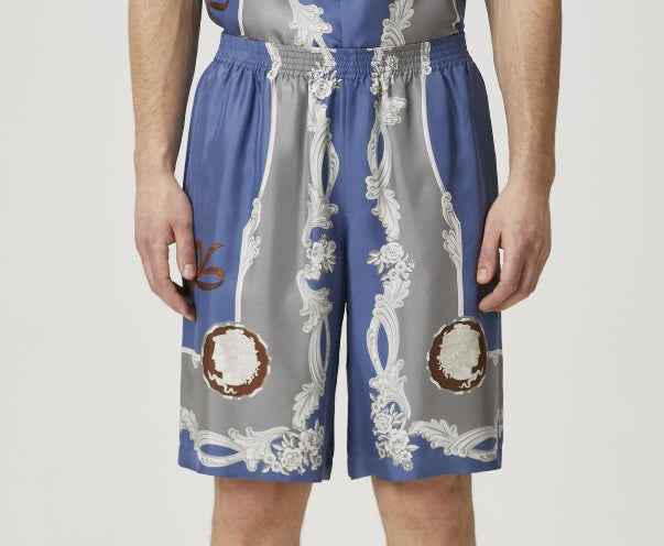 Premium Blue Baroque Patterned Silk Shirt And Shorts Combo