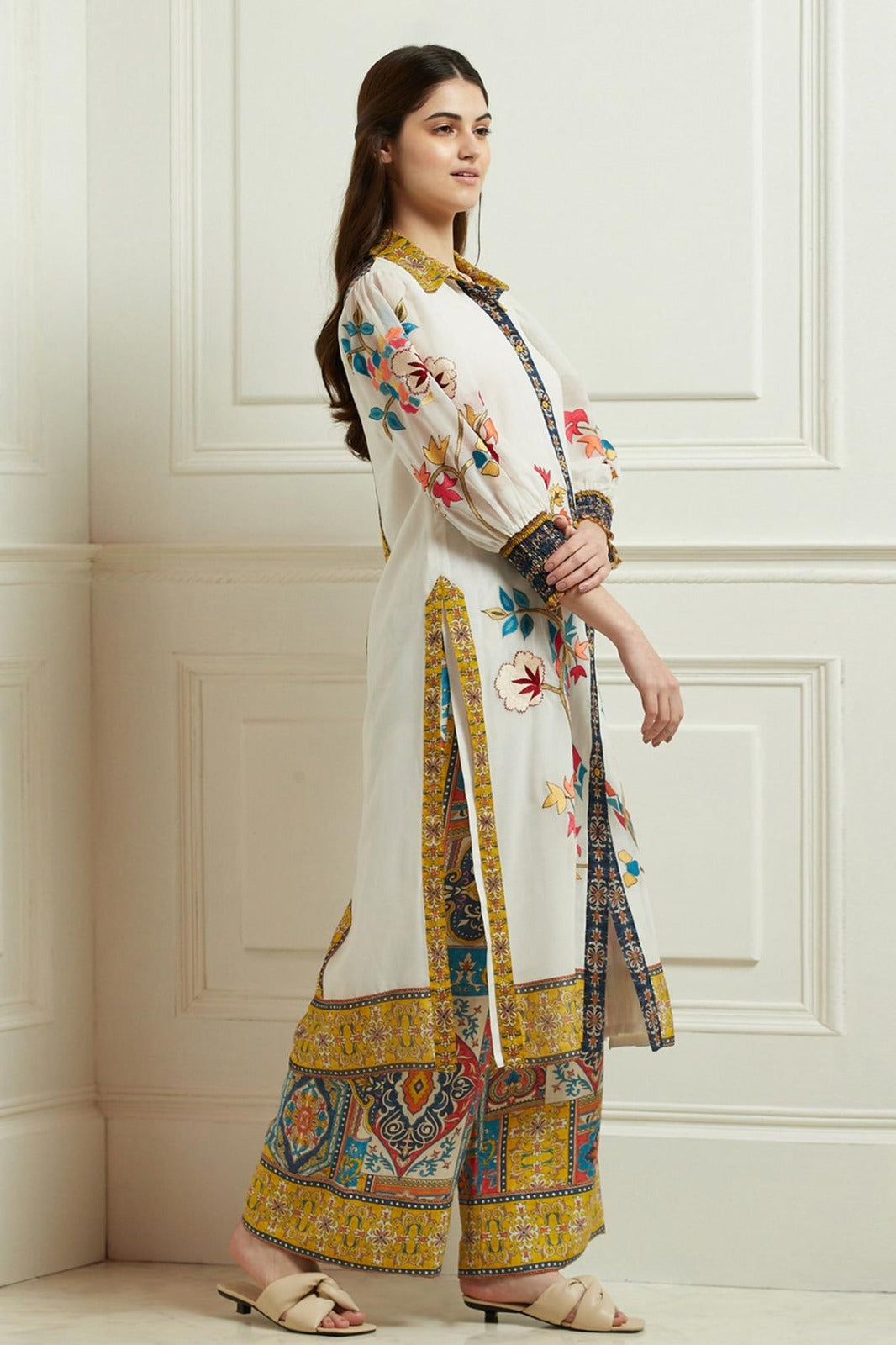 White Flat Chiffon Embroidered & Printed Cord-Set