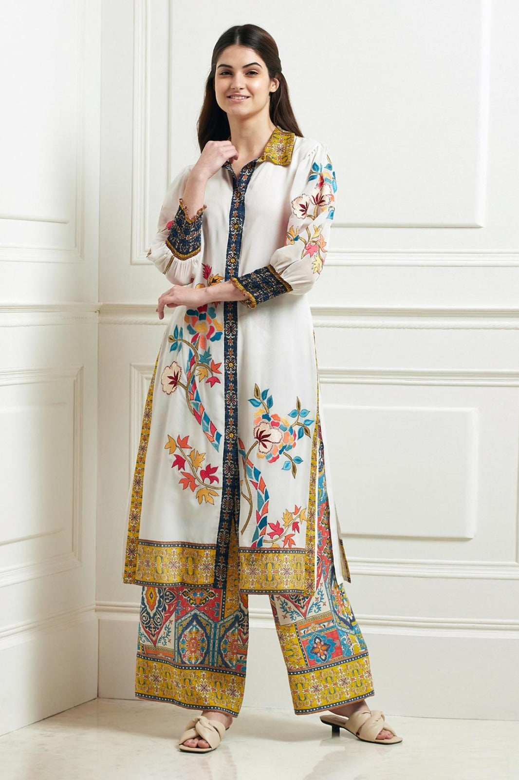 White Flat Chiffon Embroidered & Printed Cord-Set