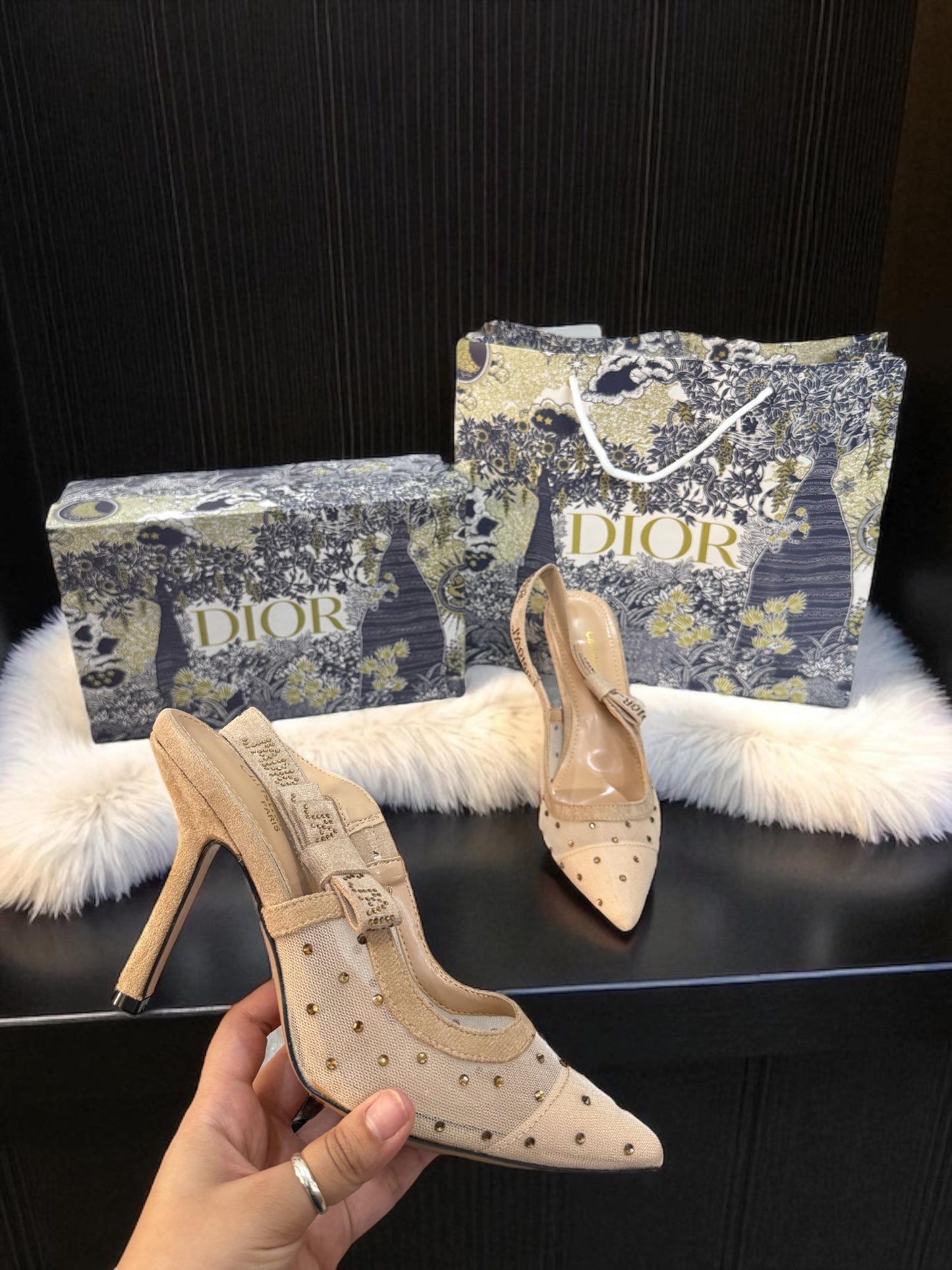 Mesh and Suede Studded Slingback Pumps for Women