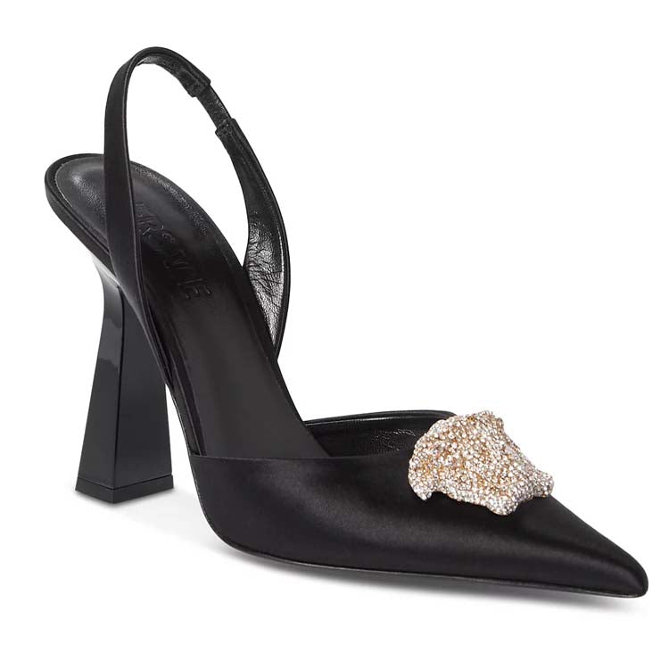 VELVET HEELS WITH METAL MEDUSA LOGO ON SOLE