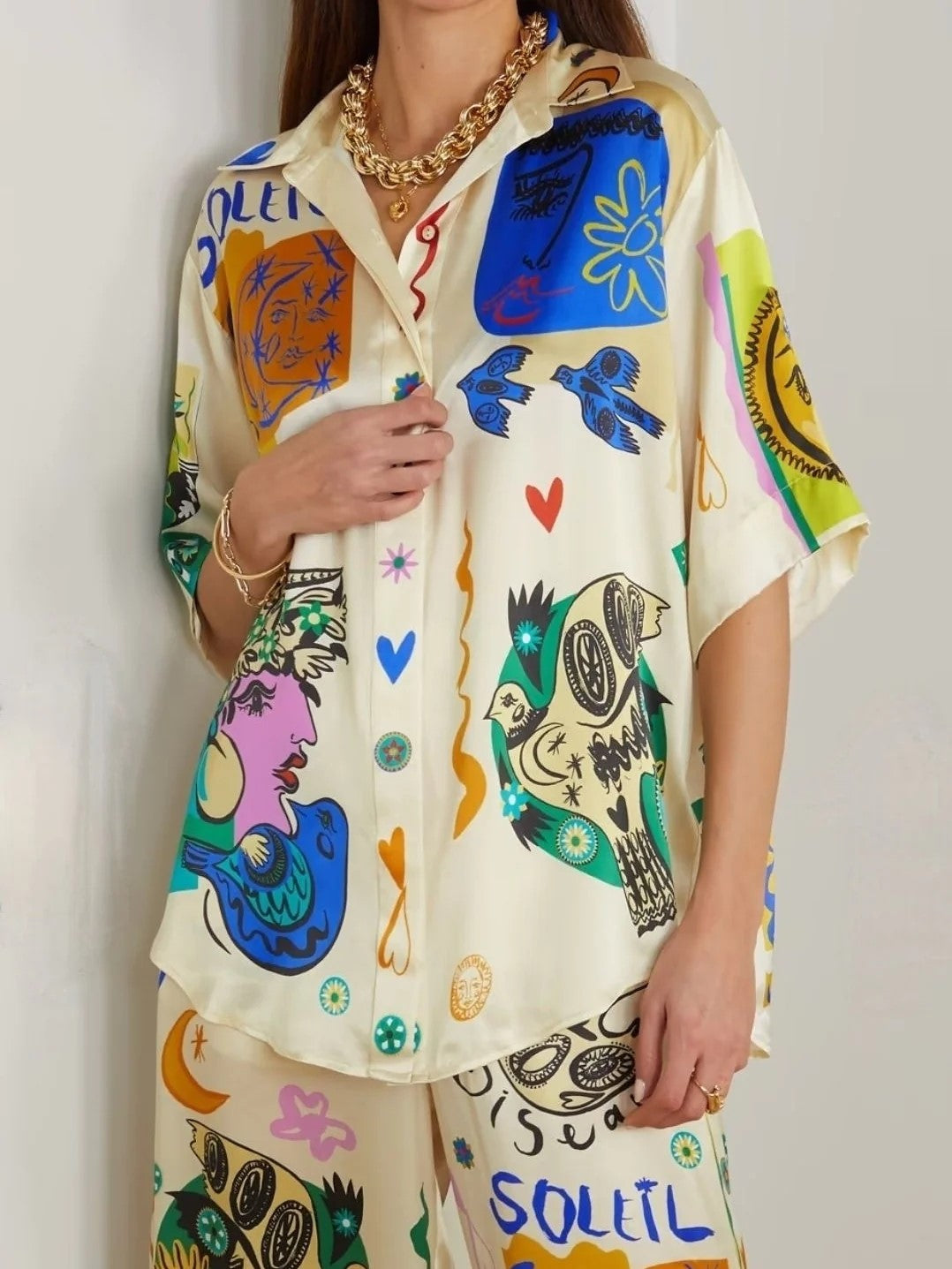 Women Printed Satin/ Linen Shirt & Pants Co-Ord Set