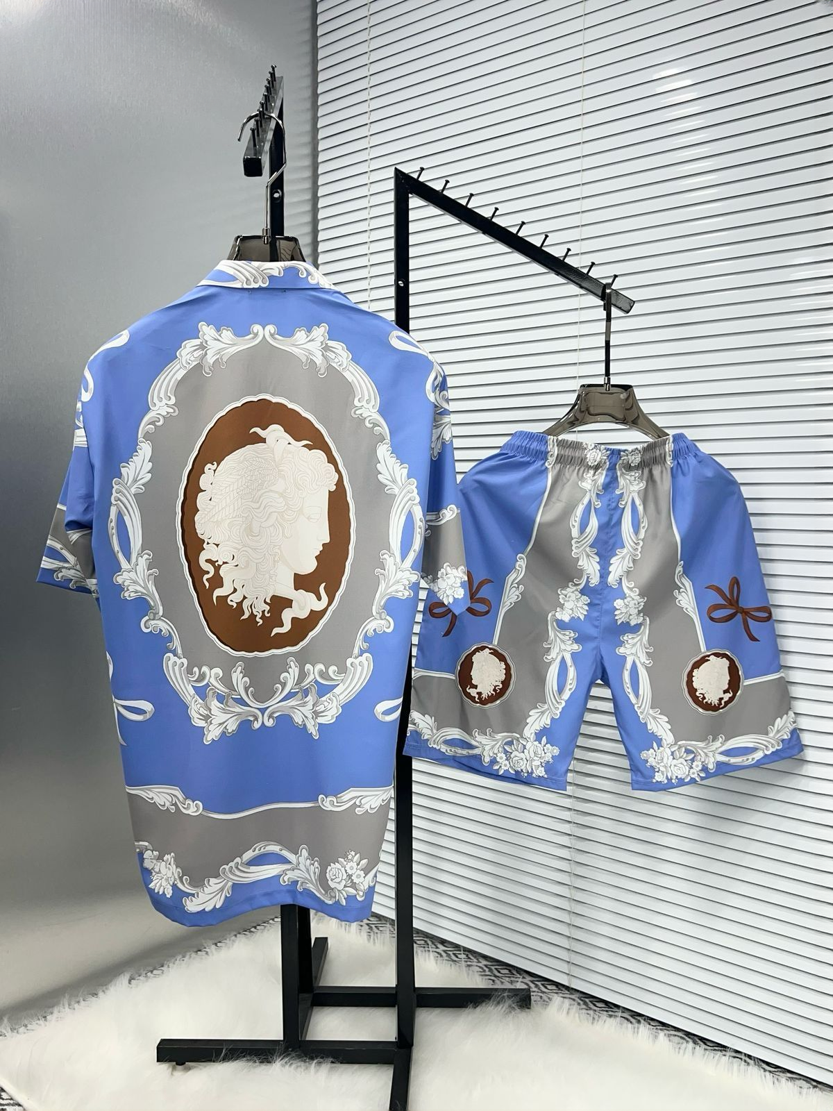 Premium Blue Baroque Patterned Silk Shirt And Shorts Combo