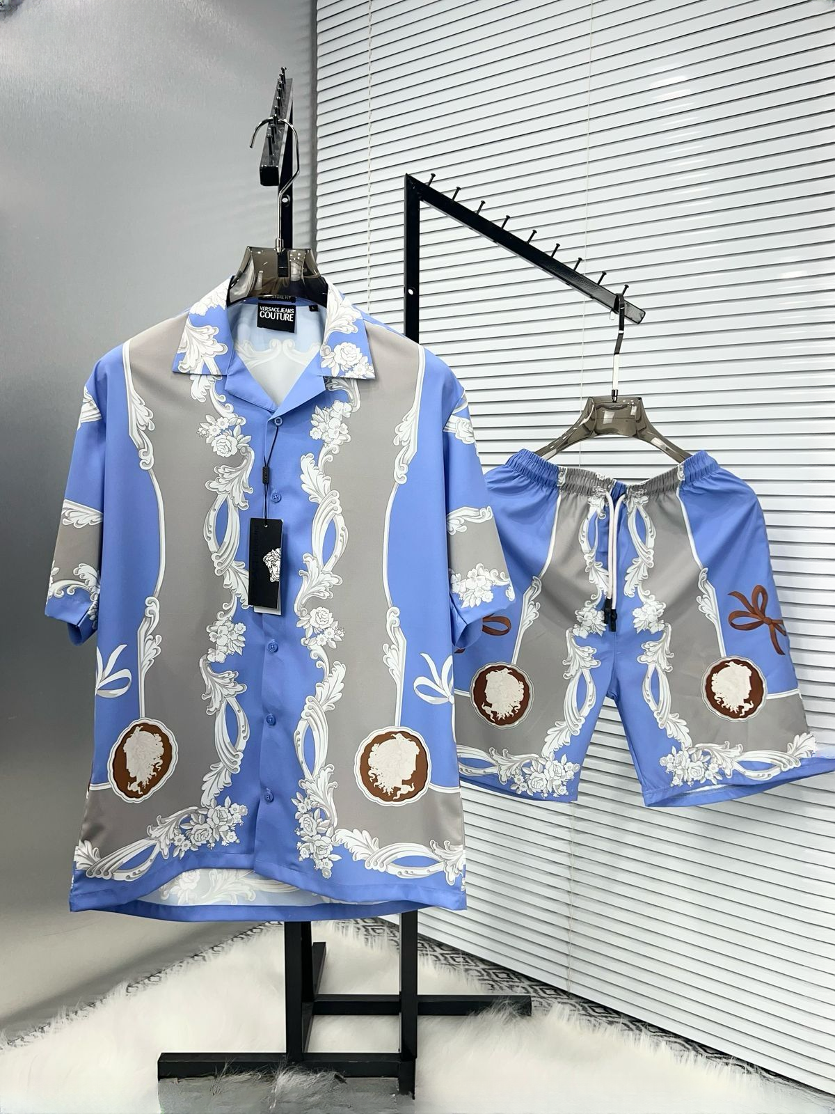 Premium Blue Baroque Patterned Silk Shirt And Shorts Combo