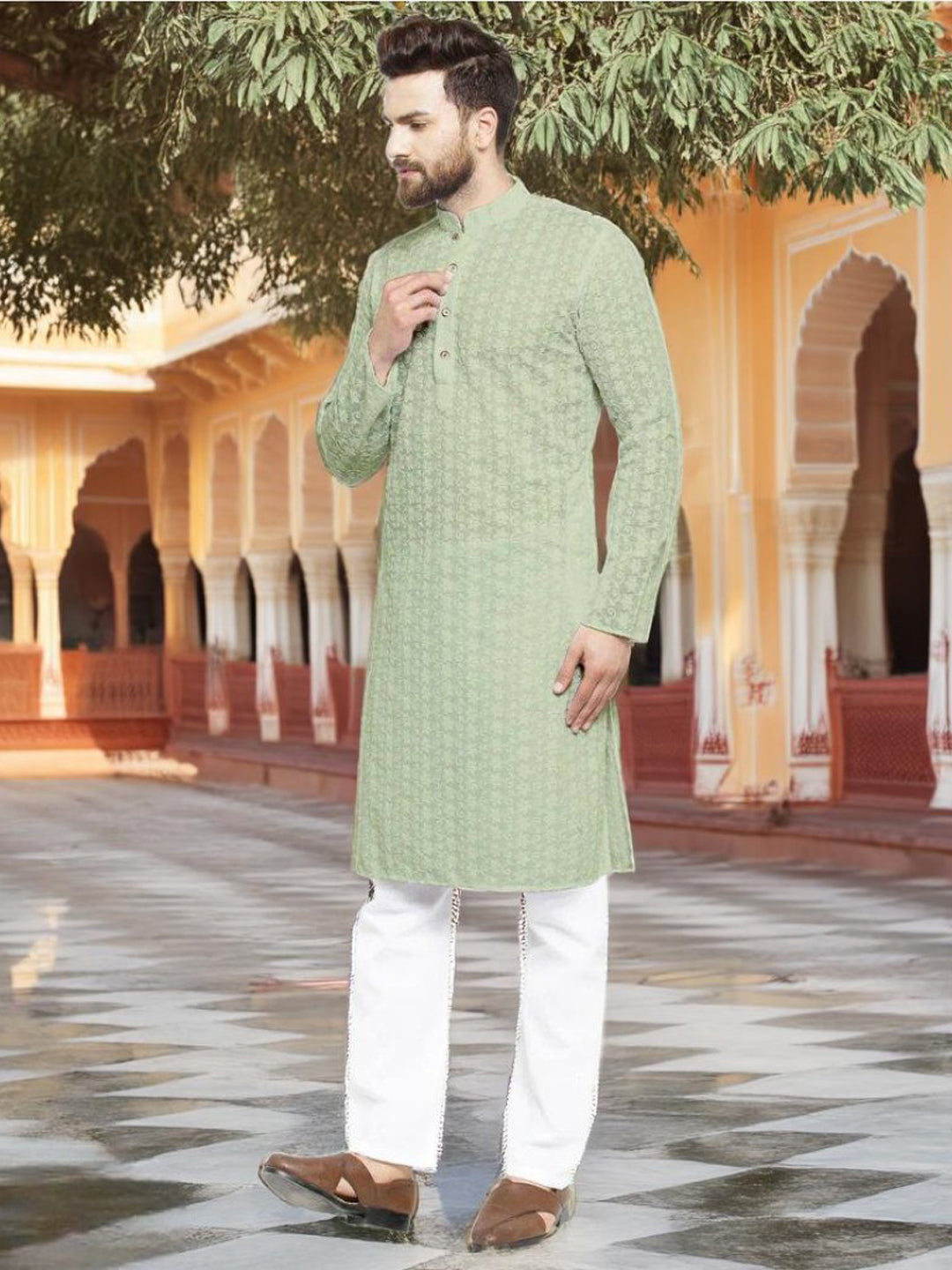 Lucknowi Jaal Embroidered Pista Green Cotton Chikankari Kurta with Aligarh Pajama For Men