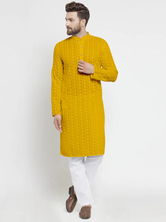 Lucknowi Jaal Embroidered Mustard Yellow Cotton Chikankari Kurta with Aligarh Pajama For Men