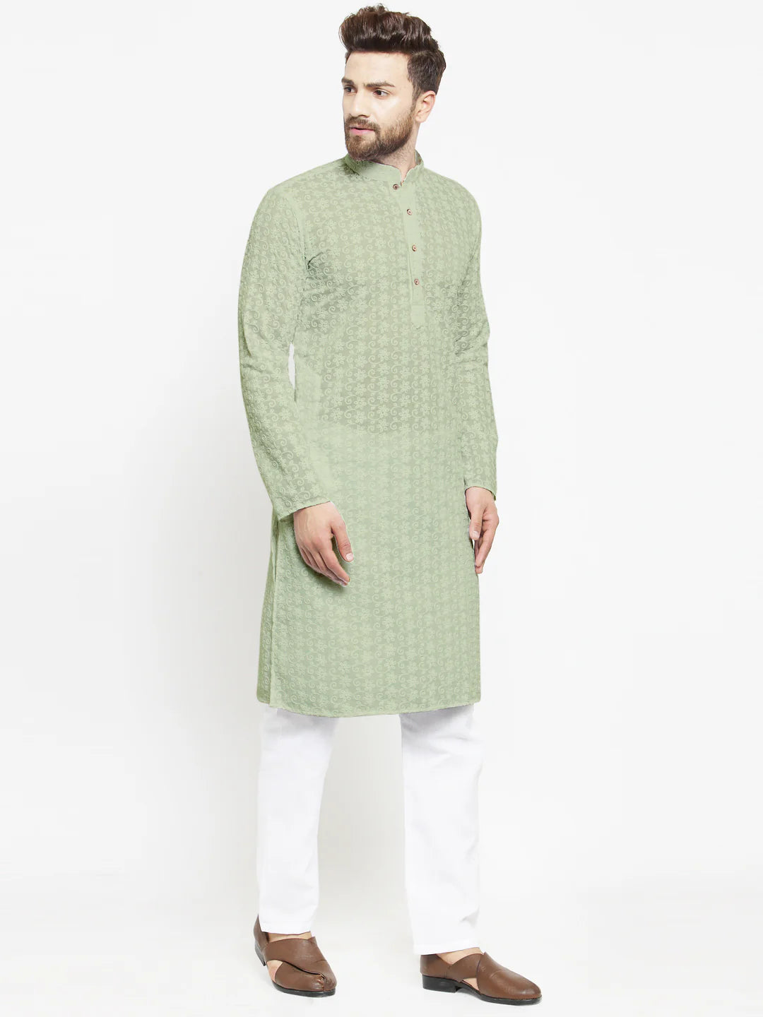 Lucknowi Jaal Embroidered Pista Green Cotton Chikankari Kurta with Aligarh Pajama For Men