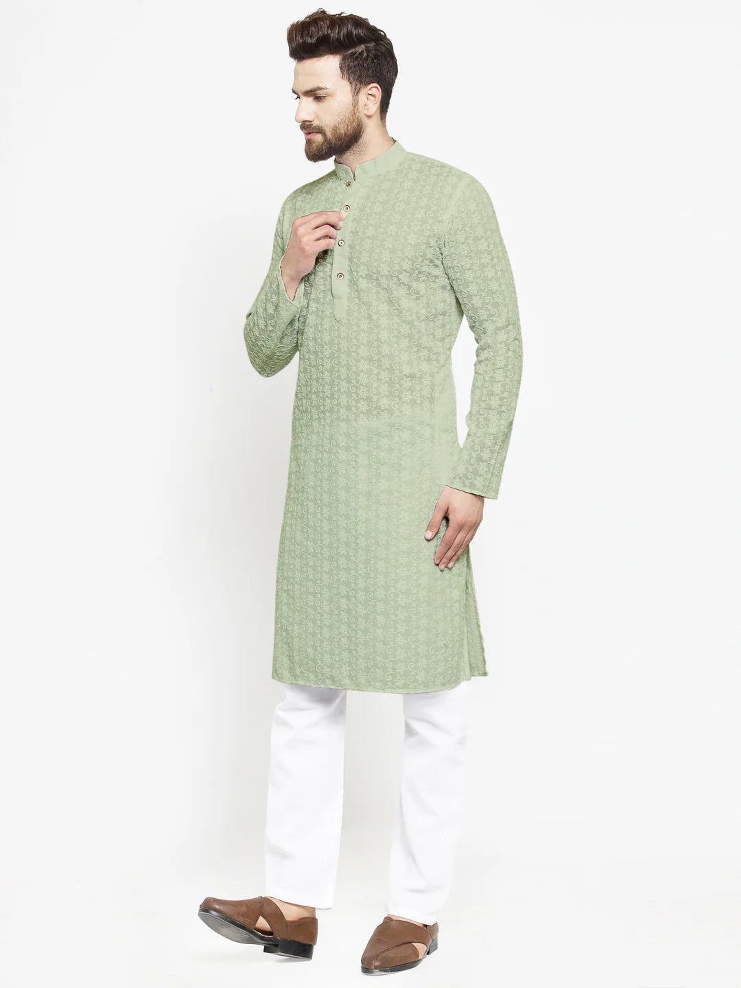 Lucknowi Jaal Embroidered Pista Green Cotton Chikankari Kurta with Aligarh Pajama For Men