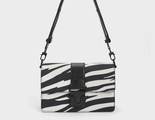 BLACK ZEBRA PRINT PUSH-LOCK SHOULDER BAG