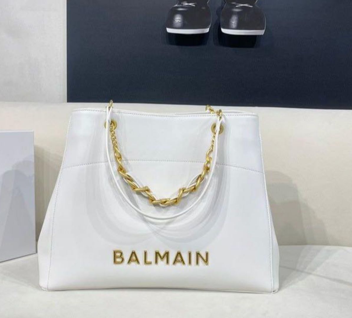 CHAIN EMBELLISHED SELF EMBOSSED LEATHER TOTE BAGS