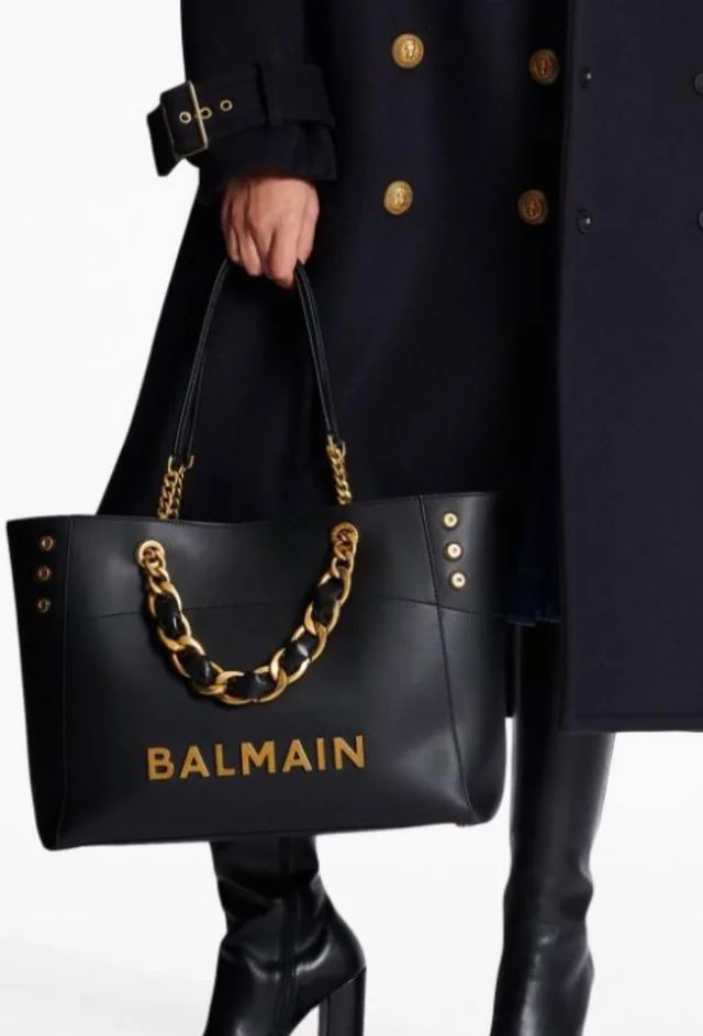CHAIN EMBELLISHED SELF EMBOSSED LEATHER TOTE BAGS