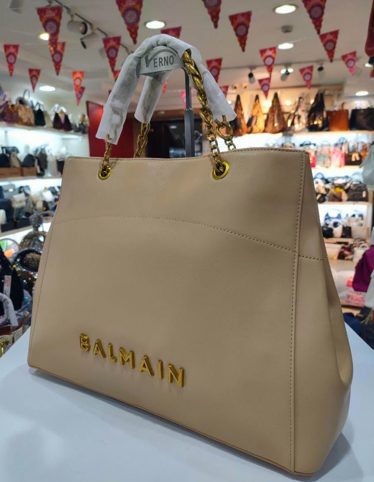 CHAIN EMBELLISHED SELF EMBOSSED LEATHER TOTE BAGS