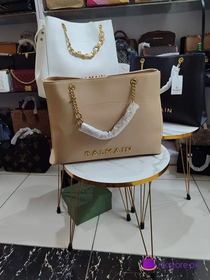 CHAIN EMBELLISHED SELF EMBOSSED LEATHER TOTE BAGS