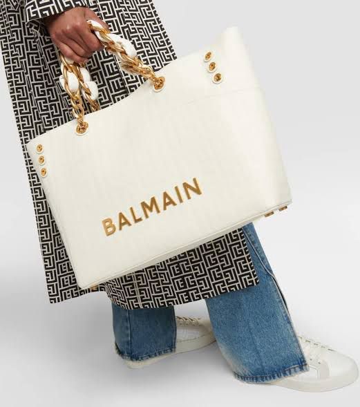CHAIN EMBELLISHED SELF EMBOSSED LEATHER TOTE BAGS