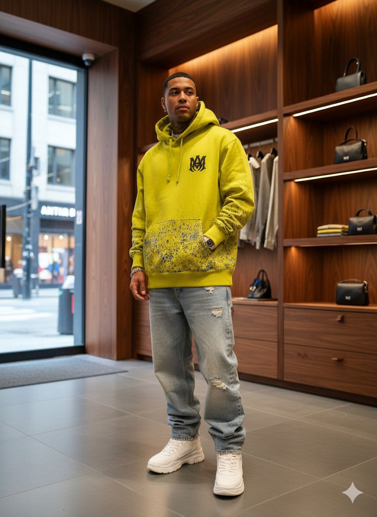 YELLOW PRINT WORK HOODIE FOR MEN