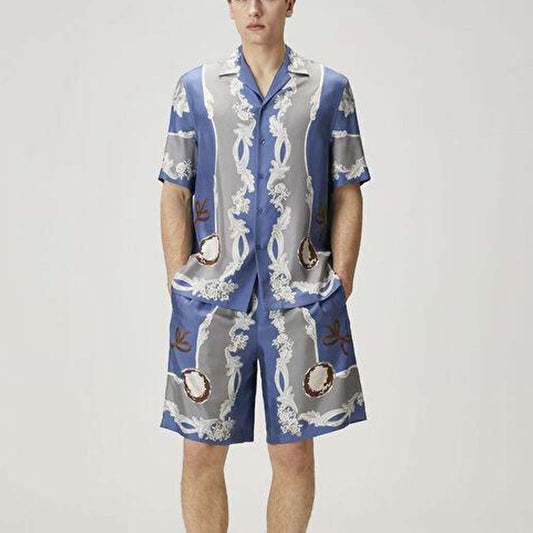 Premium Blue Baroque Patterned Silk Shirt And Shorts Combo