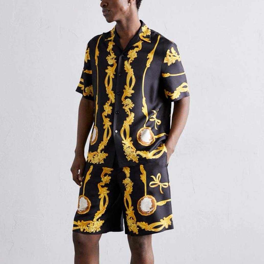 Luxury Cameo Silk Co-Ord Set Black Shirt And Shorts Combo