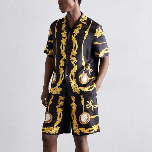 Luxury Cameo Silk Co-Ord Set Black Shirt And Shorts Combo
