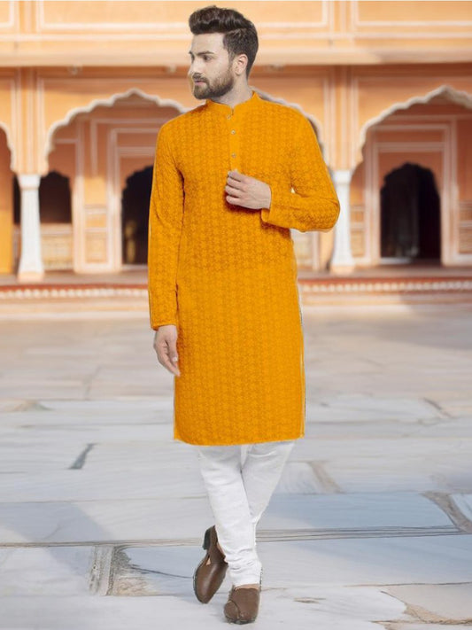 Lucknowi Jaal Embroidered Mustard Yellow Cotton Chikankari Kurta with Churidar Pajama For Men