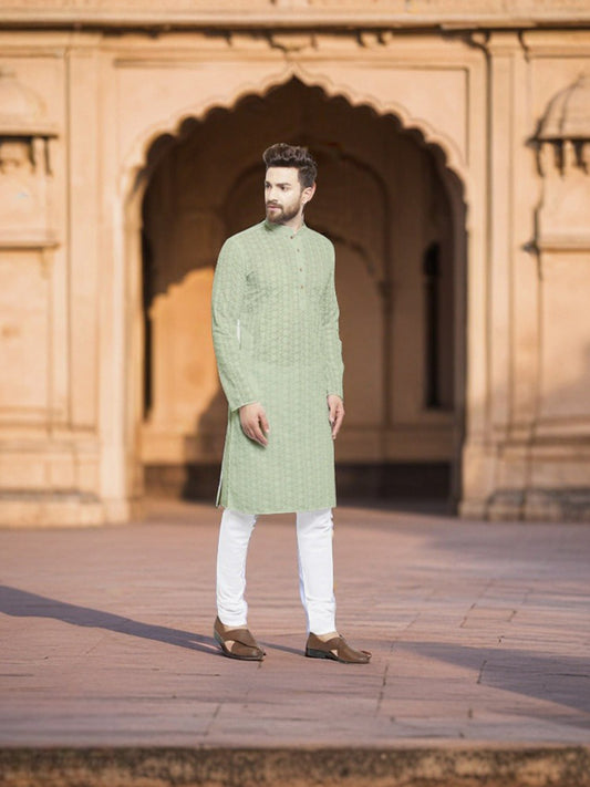 Lucknowi Jaal Embroidered Pista Green Cotton Chikankari Kurta with Churidar Pajama For Men