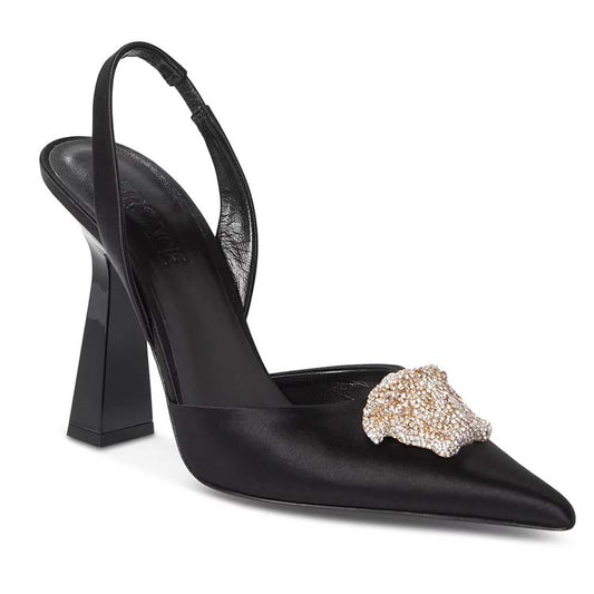 VELVET HEELS WITH METAL MEDUSA LOGO ON SOLE