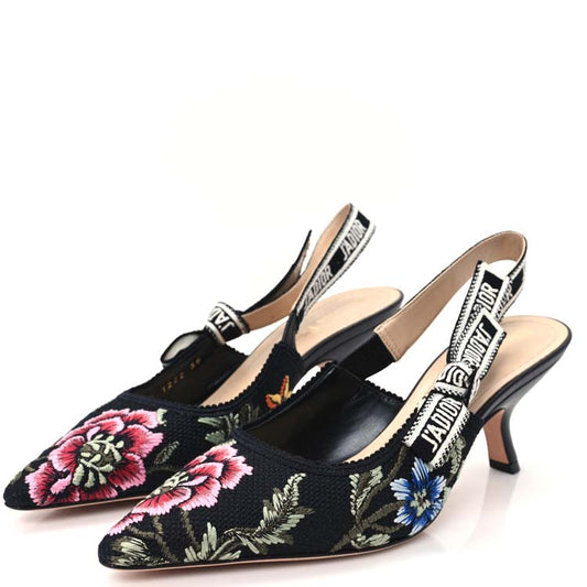 Premium Flowers Embroidered Slingback Pumps Heels