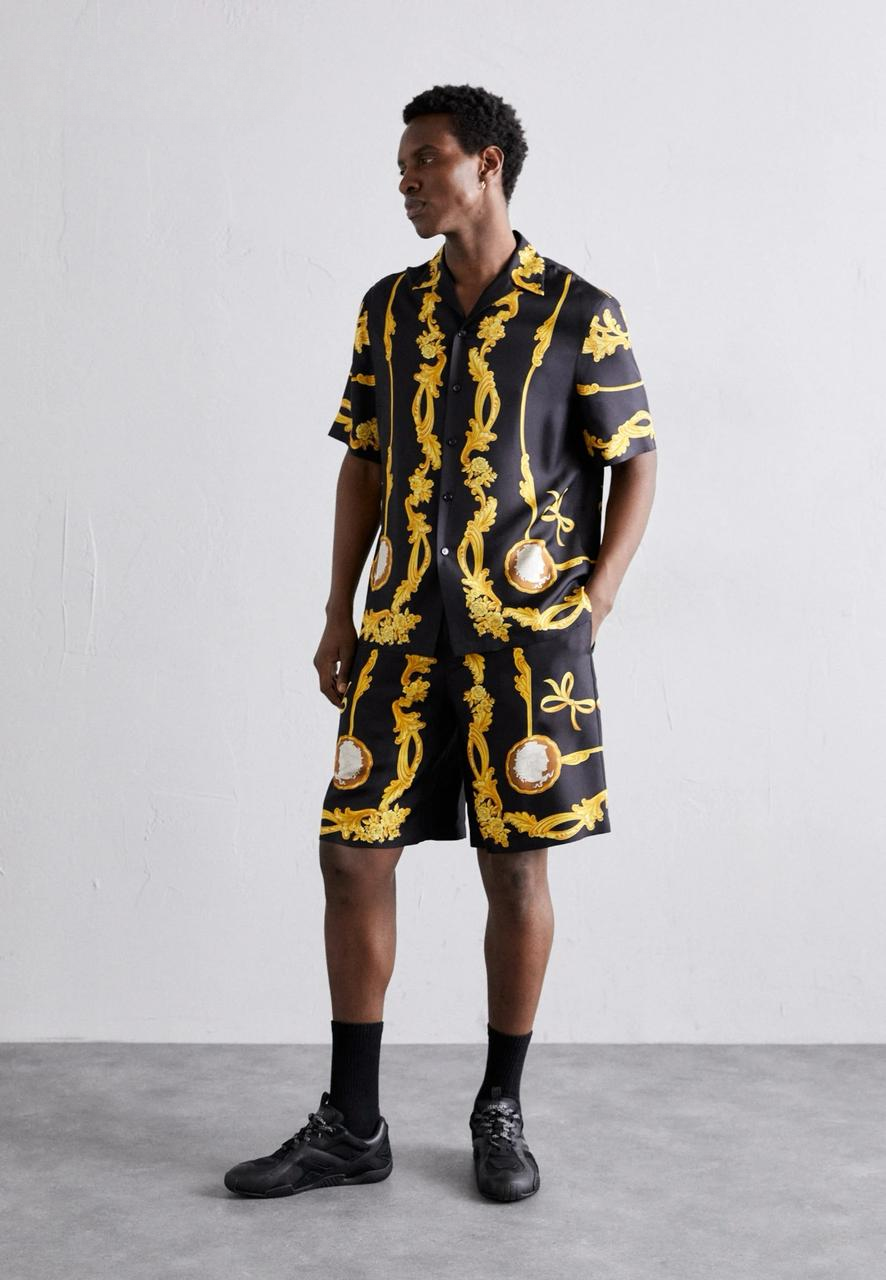 Luxury Cameo Silk Co-Ord Set Black Shirt And Shorts Combo