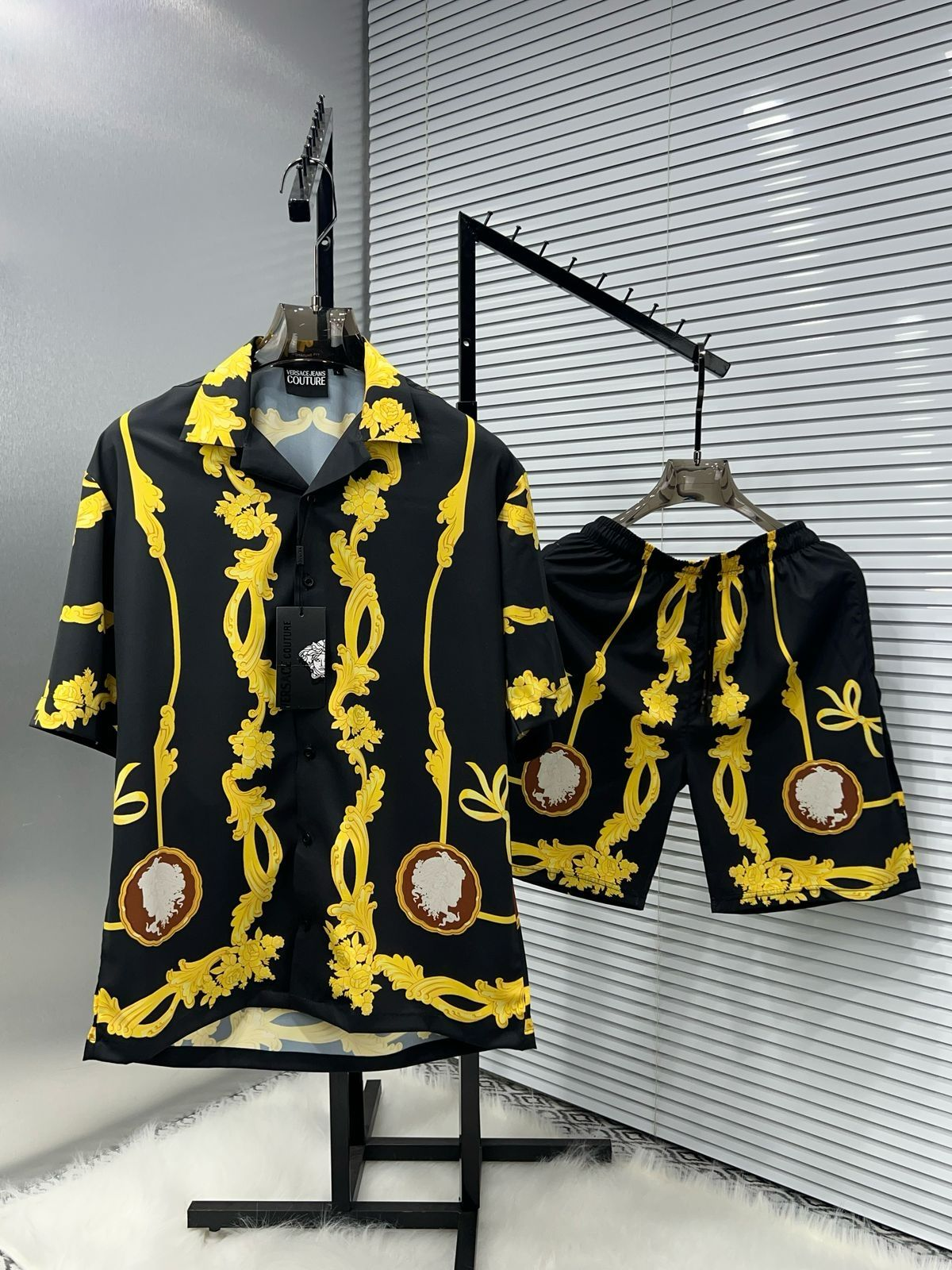 Luxury Cameo Silk Co-Ord Set Black Shirt And Shorts Combo