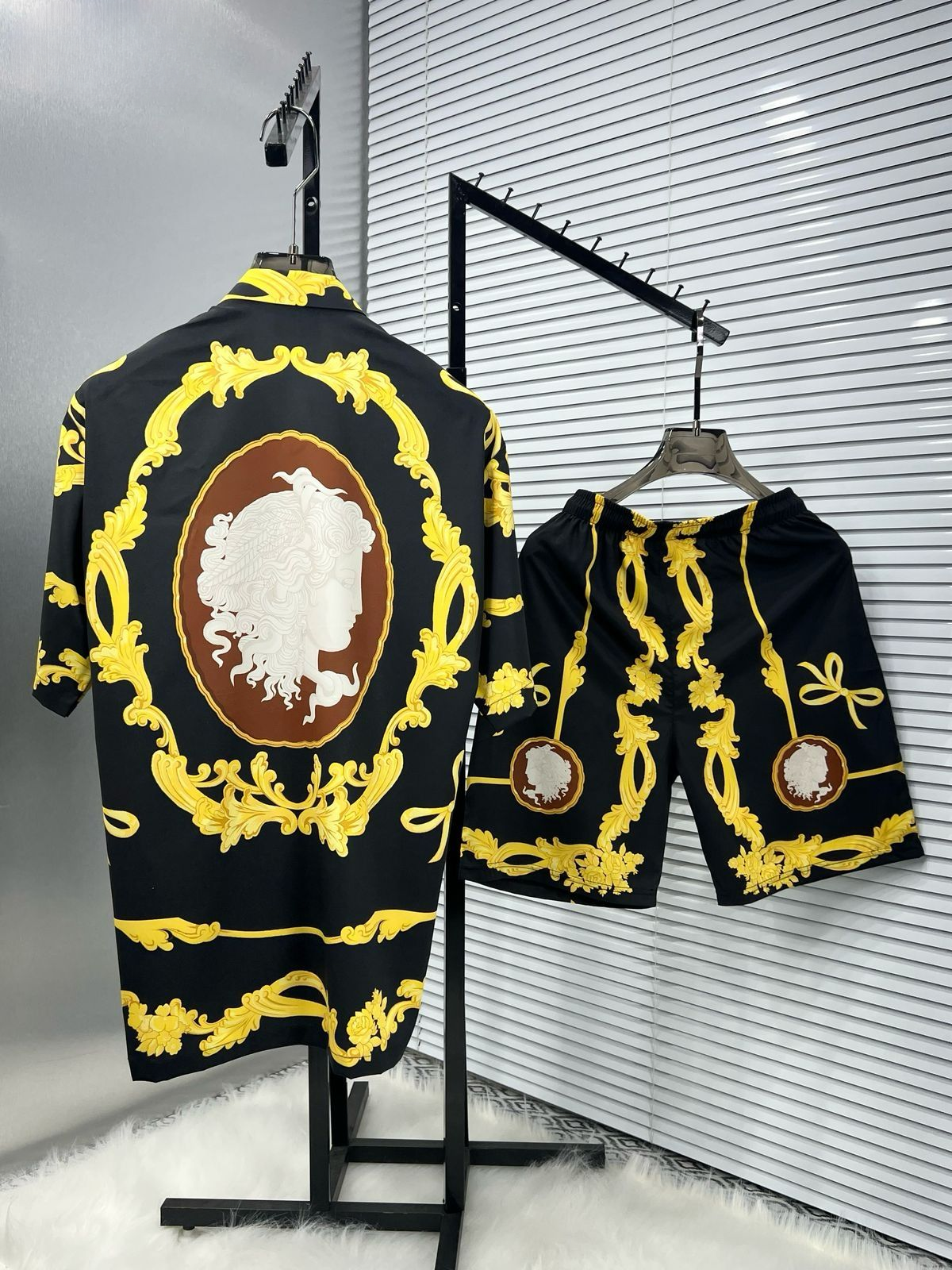 Luxury Cameo Silk Co-Ord Set Black Shirt And Shorts Combo
