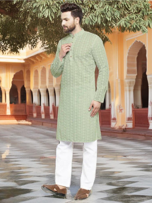 Lucknowi Jaal Embroidered Pista Green Cotton Chikankari Kurta with Aligarh Pajama For Men